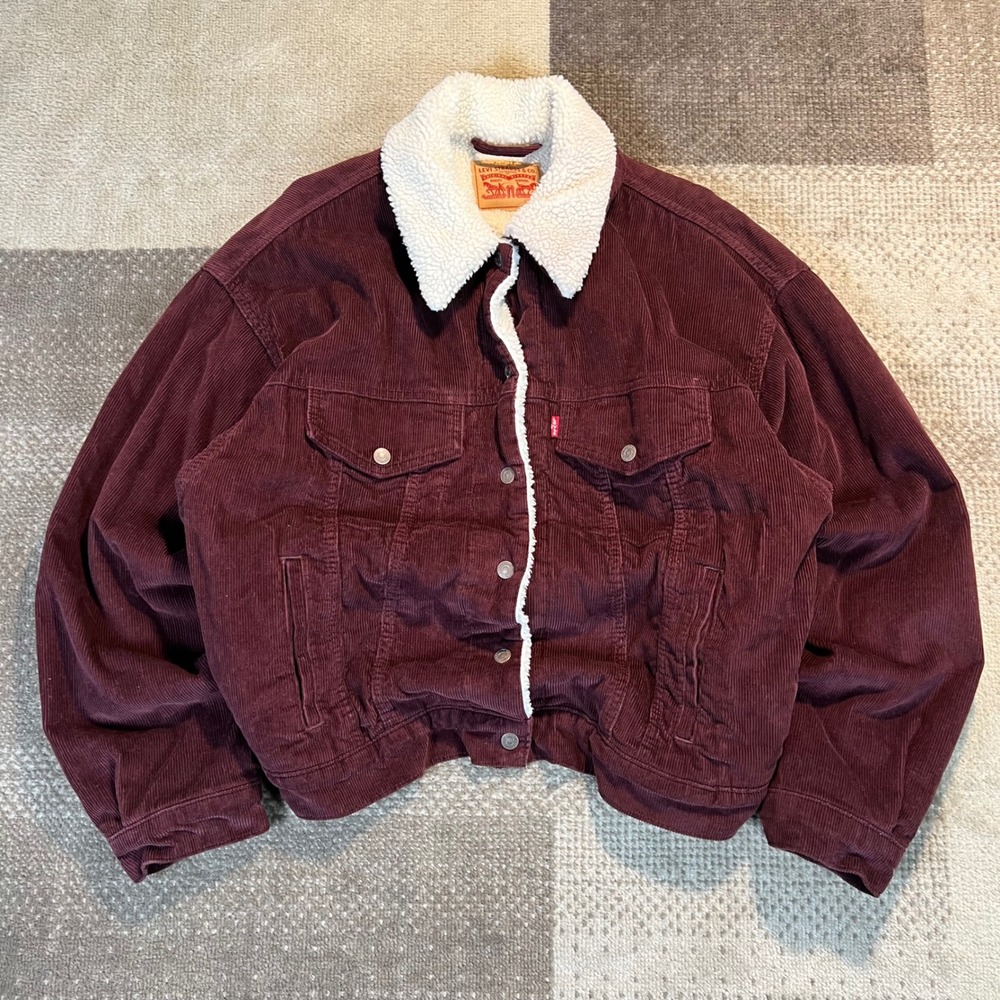 Levis Womens Size XL Corduroy Sherpa Lined Trucker Jacket Burgundy Maroon